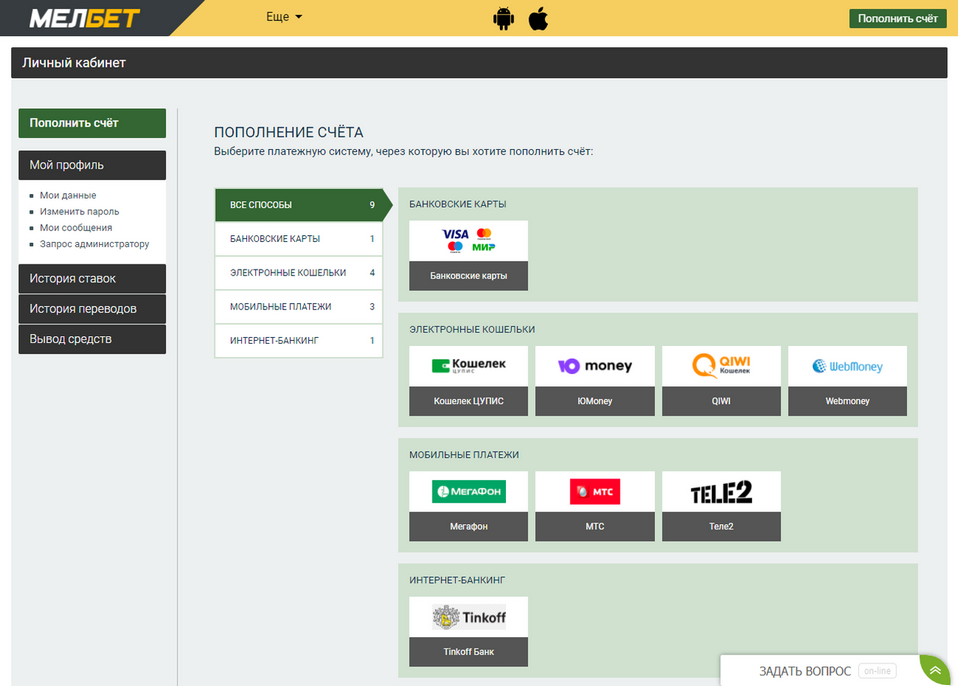 Способы оплаты melbet